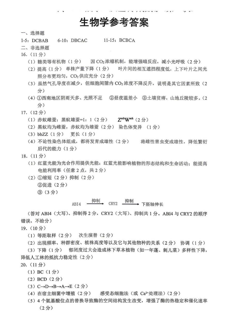 重庆九龙坡等区高2026届学业质量调研抽测生物答案.pdf_第1页