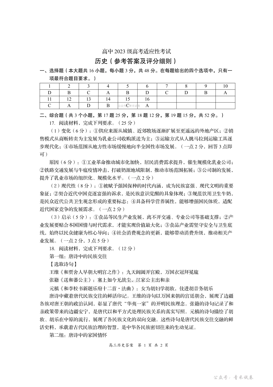 资阳市高中2023级高考适应性考试历史答案.pdf_第1页