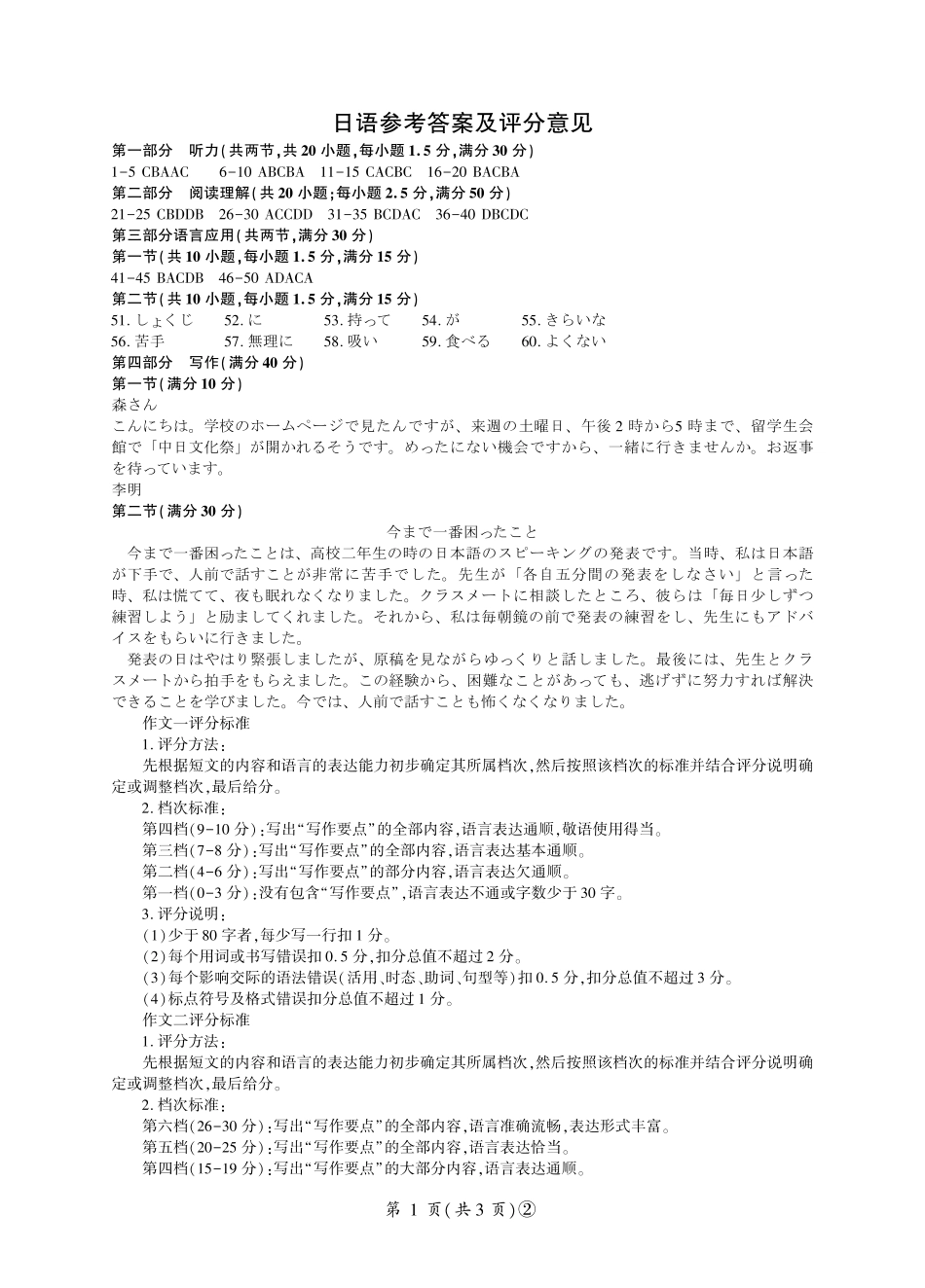百师联盟2026届高三4月22日适应性模拟考试_日语答案.pdf_第1页