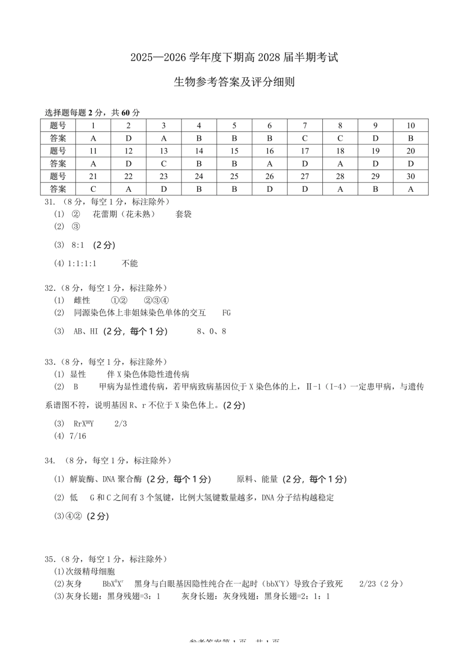 成都市第七中学2025-2026学年度下期高2028届半期考试生物答案.pdf_第1页