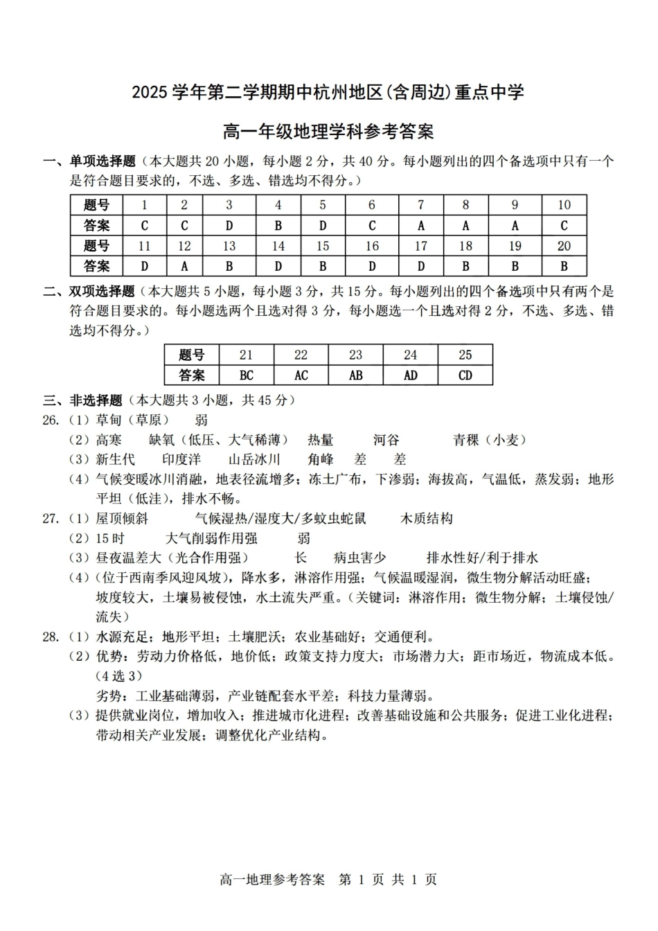 地理浙江杭州市2025学年第二学期期中杭州地区(含周边)重点中学高一年级期中考试(4.20-4.22)(1).pdf_第1页