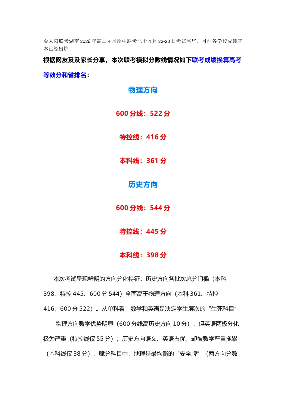 分数线与考试成绩分析湖南金太阳联考湖南部分学校2026年高二年级4月期中考试(4.22-4.23).docx_第1页