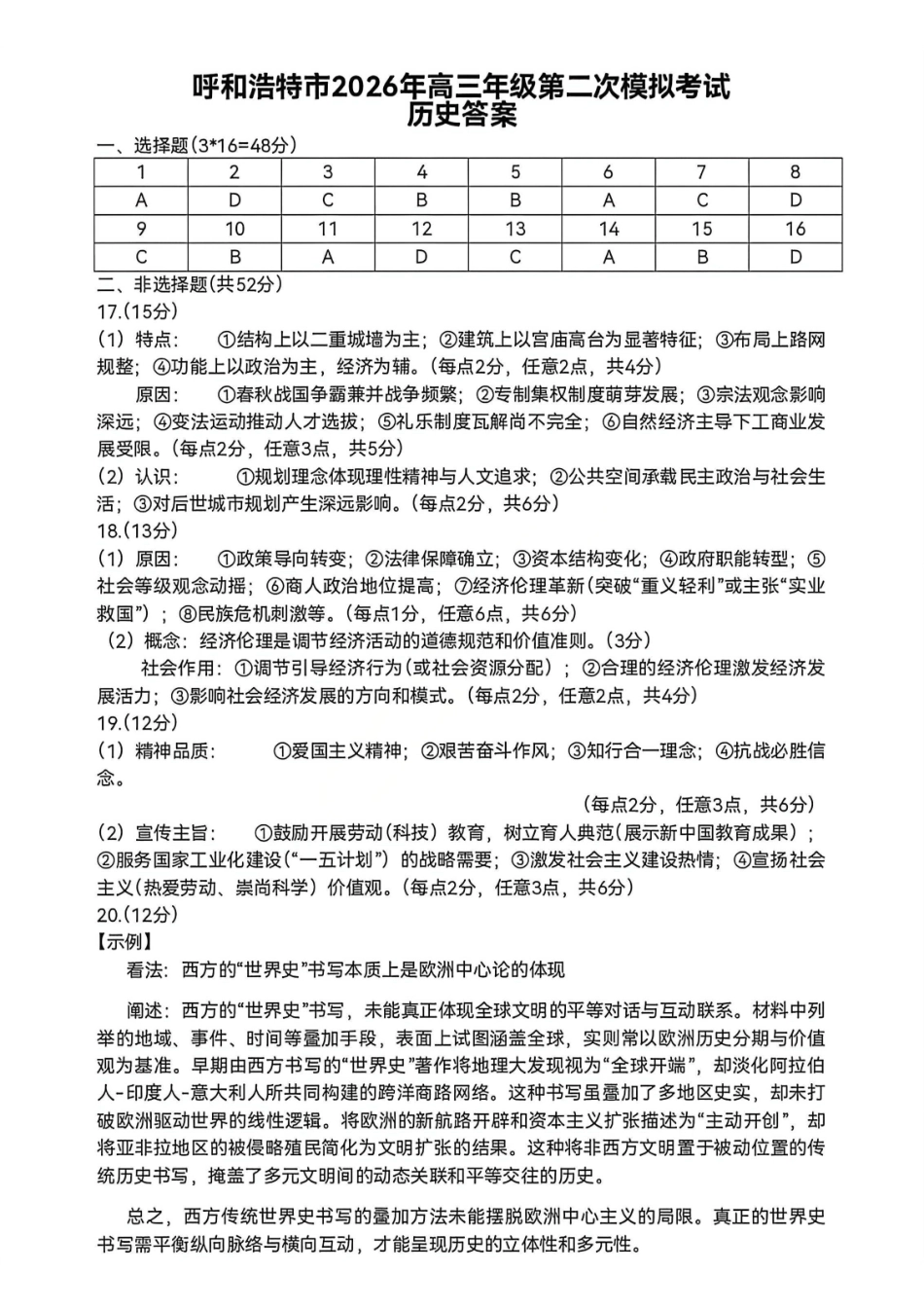 呼和浩特市2026年高三年级第二次模拟考试历史答案.pdf_第1页