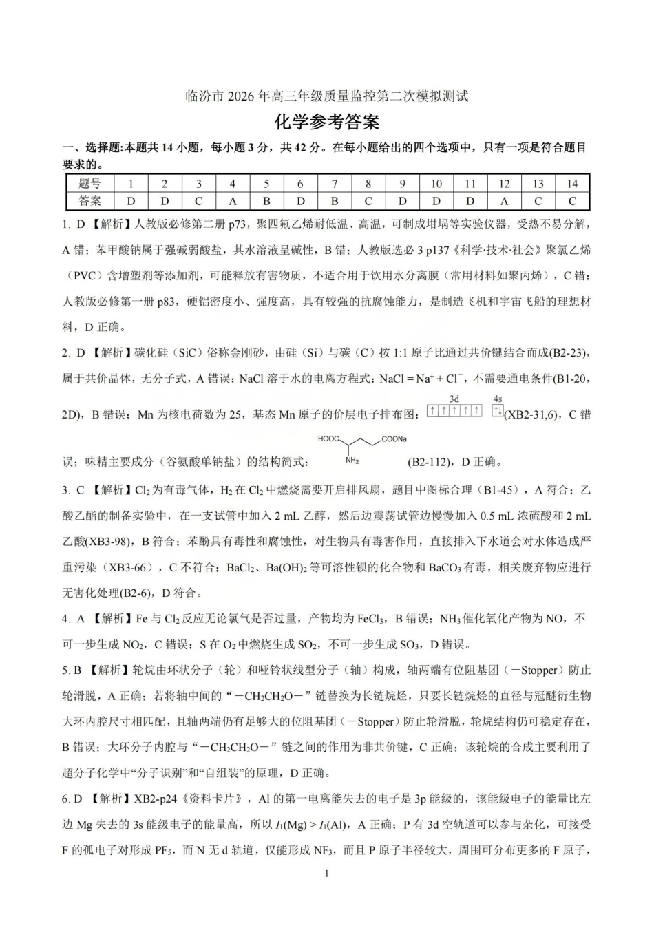 化学山西临汾市2026年(届)高三年级质量监控第二次模拟考试(临汾高三二模)(4.25-4.27)(1).pdf_第1页