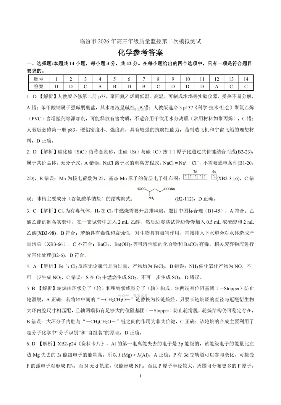 化学山西临汾市2026年(届)高三年级质量监控第二次模拟考试(临汾高三二模)(4.25-4.27)(2).pdf_第1页