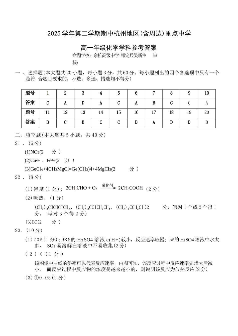 化学浙江杭州市2025学年第二学期期中杭州地区(含周边)重点中学高一年级期中考试(4.20-4.22)(1).docx_第1页