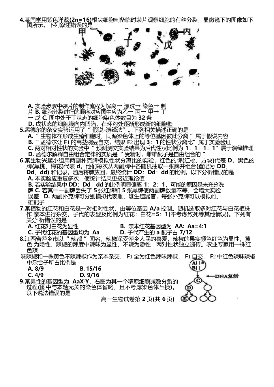 江西萍乡市2024-2025学年高一下学期4月期中考试生物含答案_副本.docx_第2页