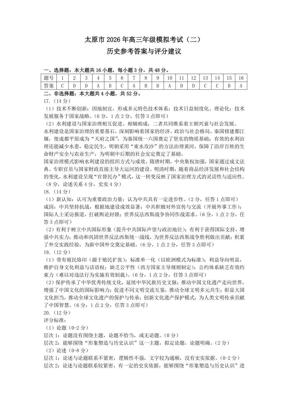 历史答案-26年太原高考二模历史答案.pdf_第1页