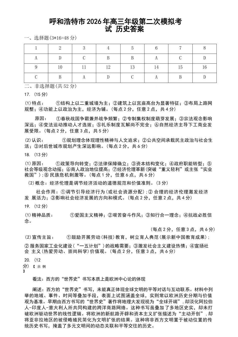 历史内蒙古呼和浩特市2026年高三年级第二次模拟考试(呼和浩特高三二模)(4.22-4.24)(1).docx_第1页