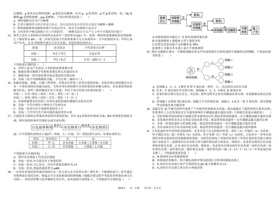 生物+答案四川四川成都市树德中学高2025级(2028届)高一年级下期4月阶段性测试（4.13-4.14）.pdf_第2页