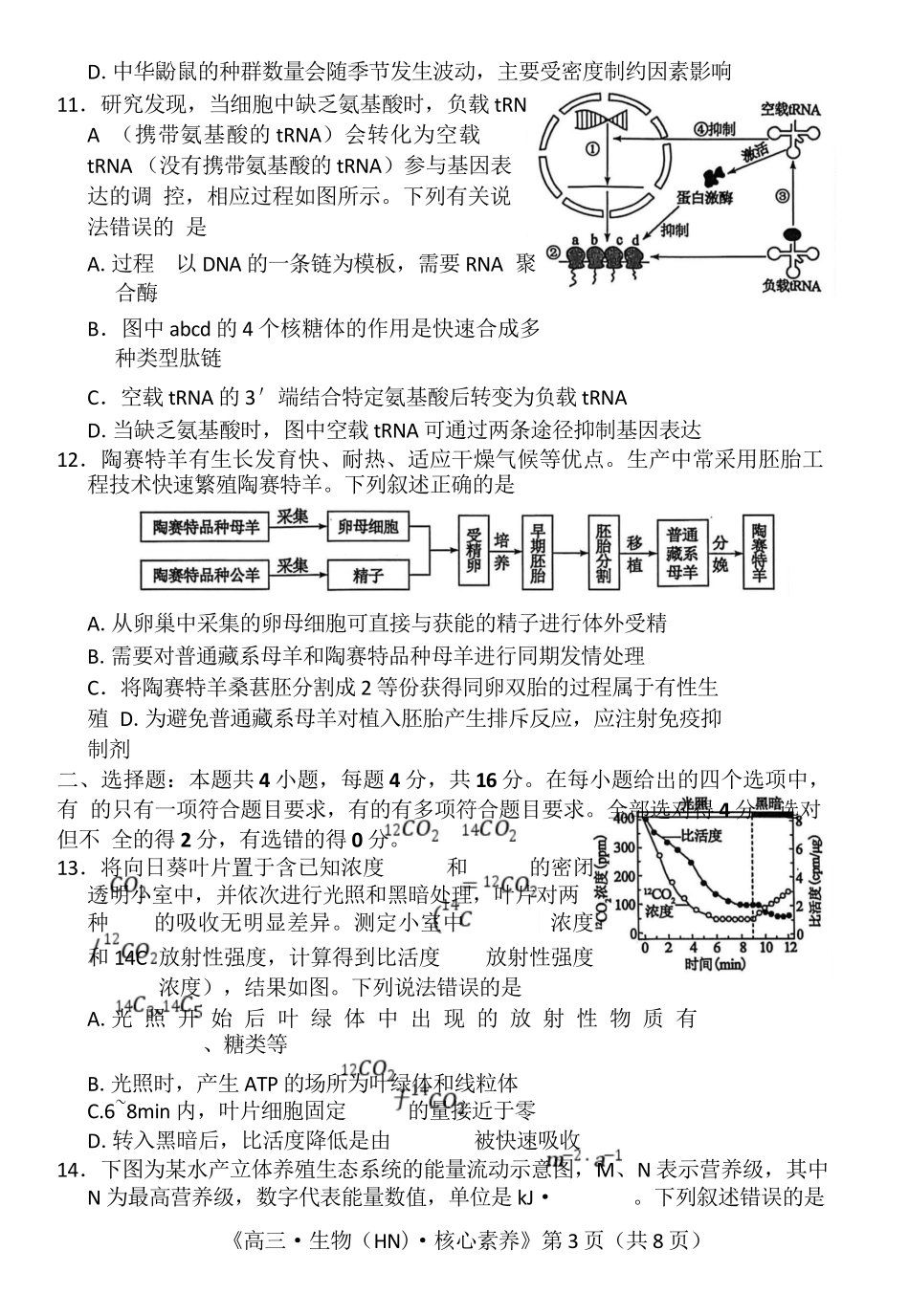 生物湖南文海大联考G20示范高中联盟22026届高三年级核心素养测评(文海三模)（4.22-4.23）.docx_第3页