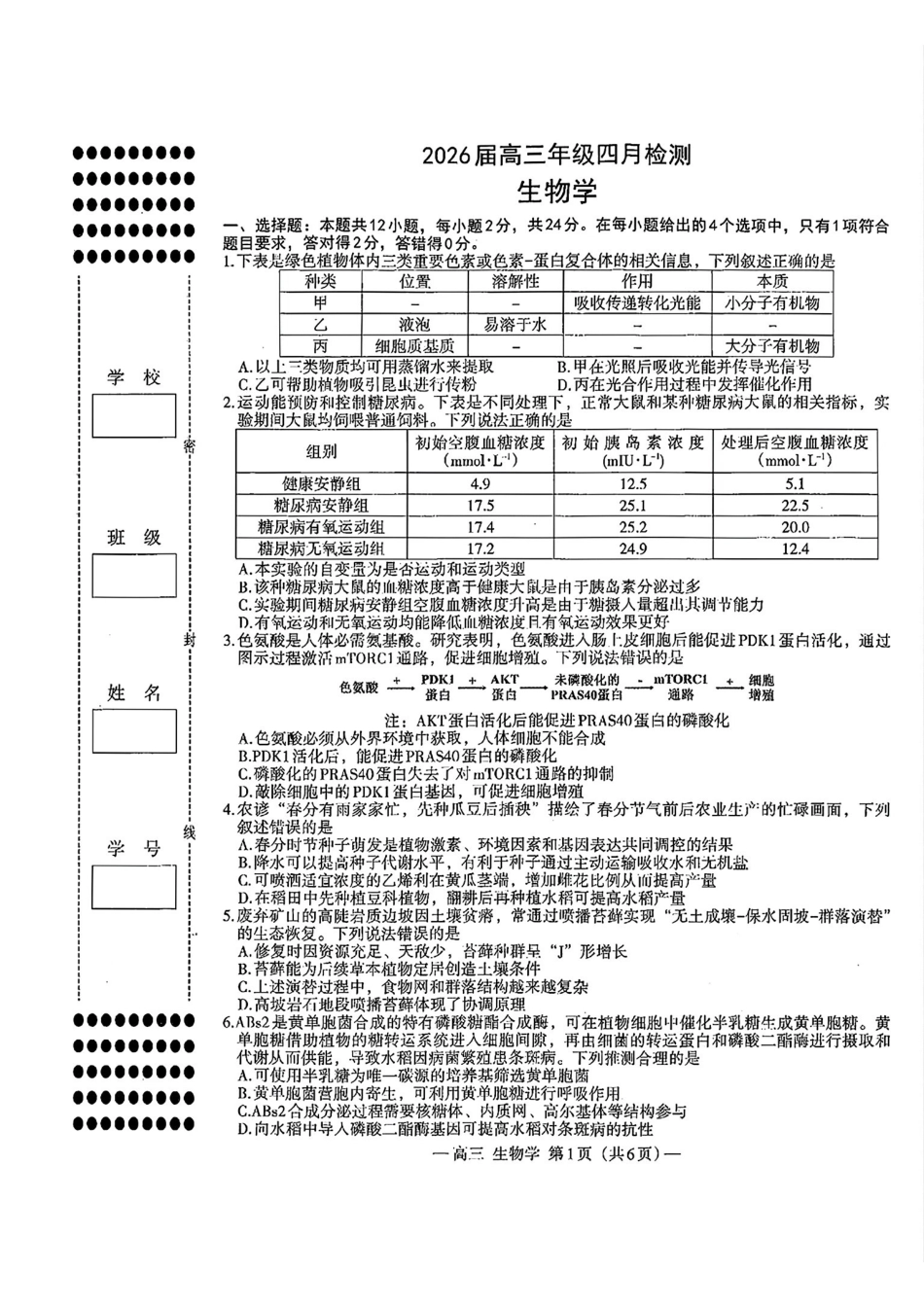 生物江西南昌市2026届高三年级四月检测(南昌高三二模)(4.23-4.24).pdf_第1页