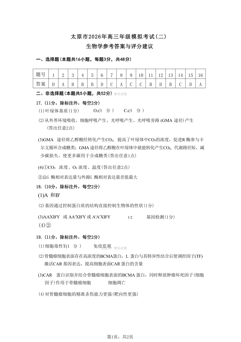 生物山西太原市2026年高三年级模拟考试(二).pdf_第1页