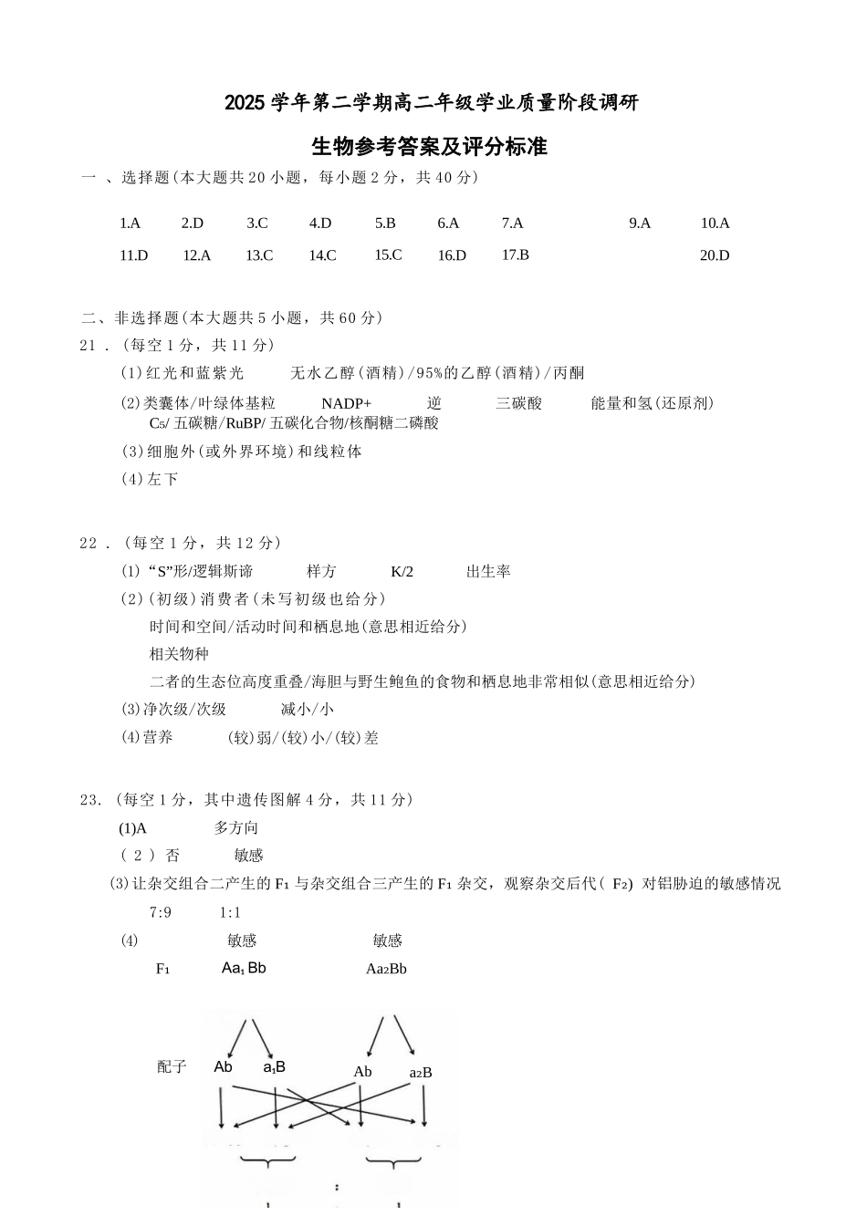 生物浙江9+1联盟2025学年第二学期高二年级学业质量阶段调研考试(4.22-4.24)(1).docx_第1页