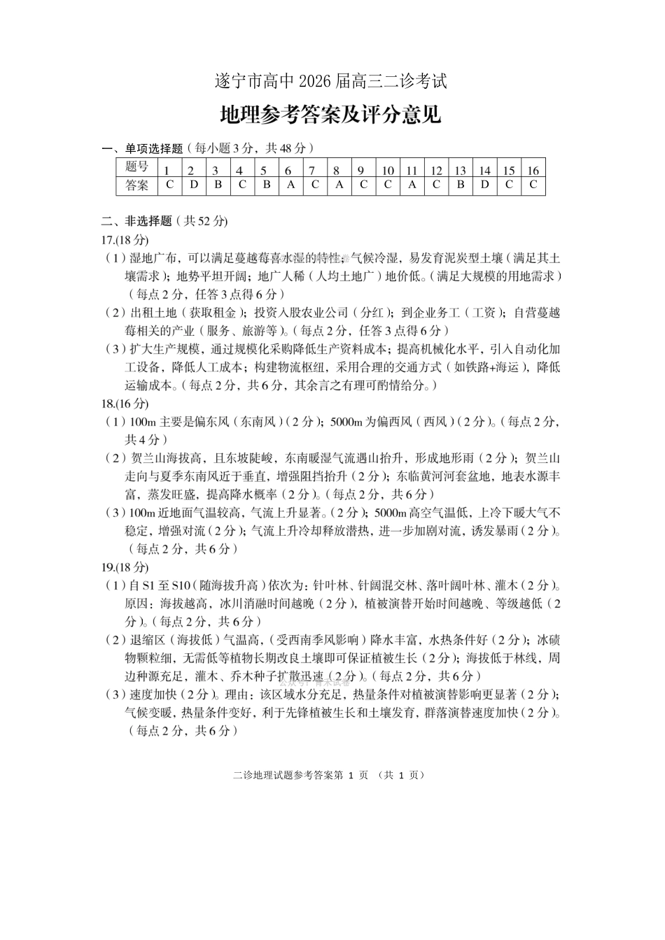 遂宁市高中2026届高三二诊考试地理答案.pdf_第1页