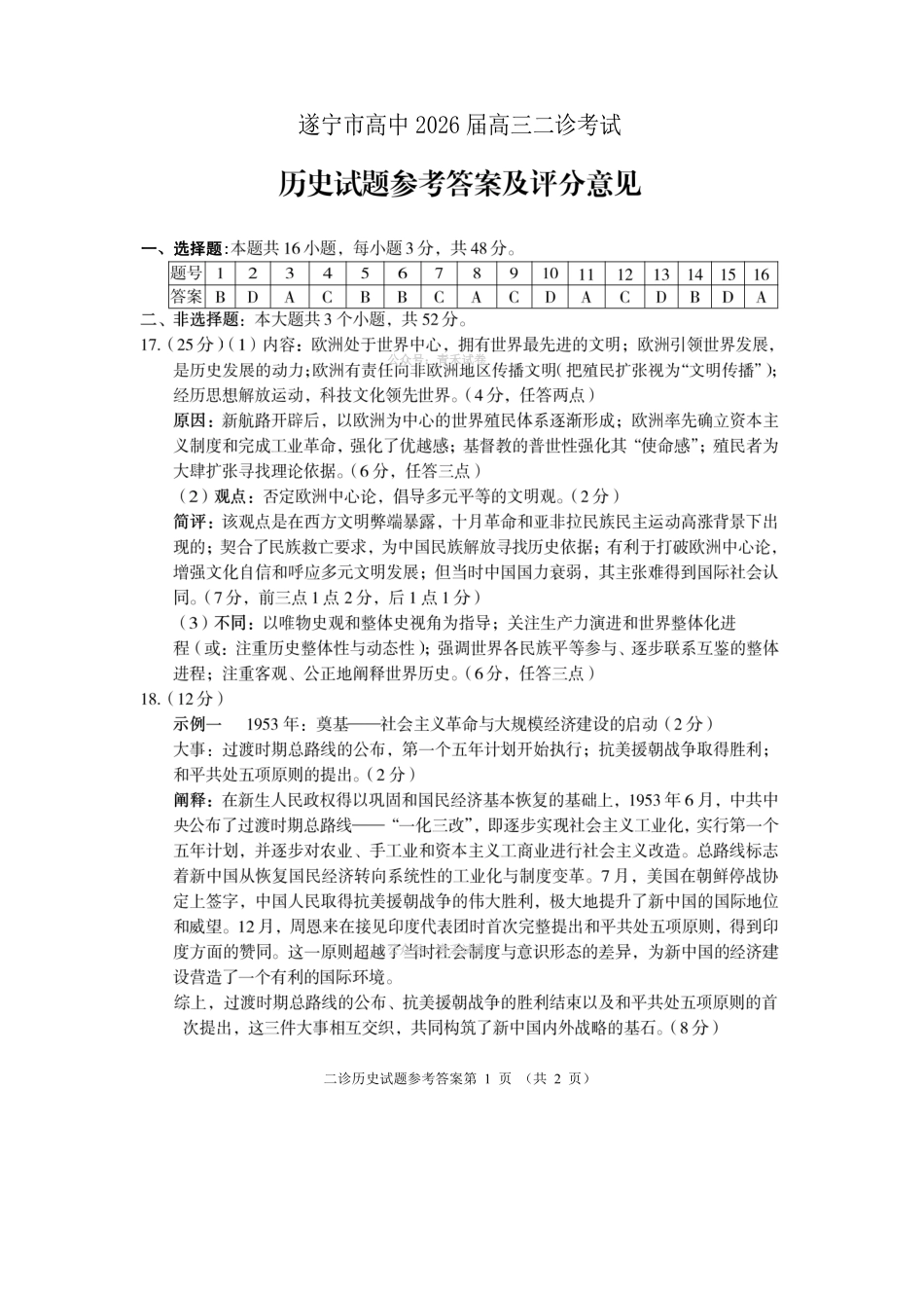 遂宁市高中2026届高三二诊考试历史答案.pdf_第1页