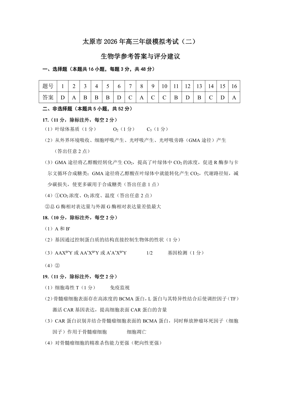 太原市2026年高三年级模拟考试(二)生物答案.pdf_第1页