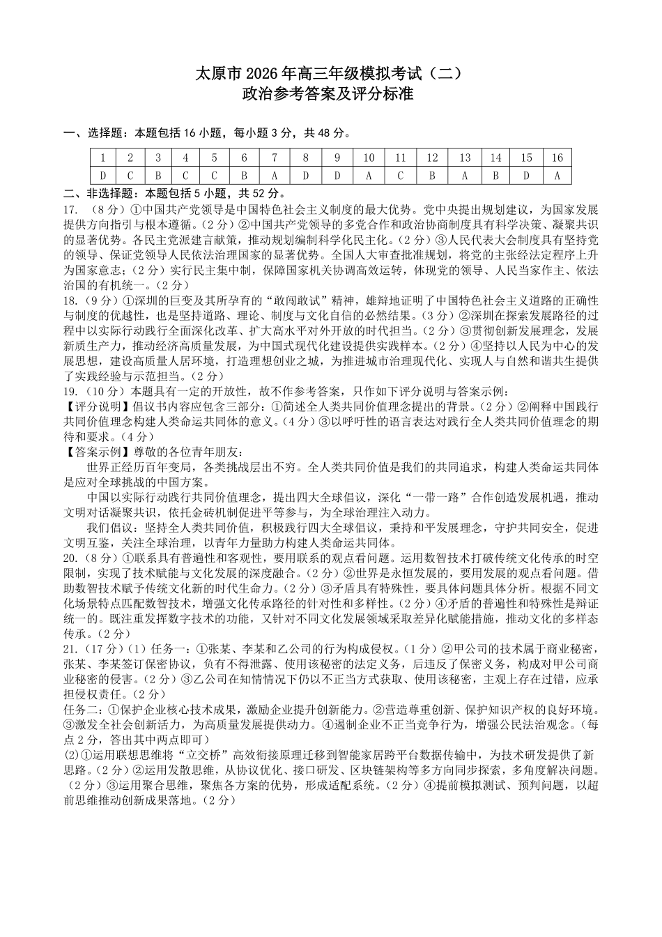 太原市2026年高三年级模拟考试(二)政治答案.pdf_第1页