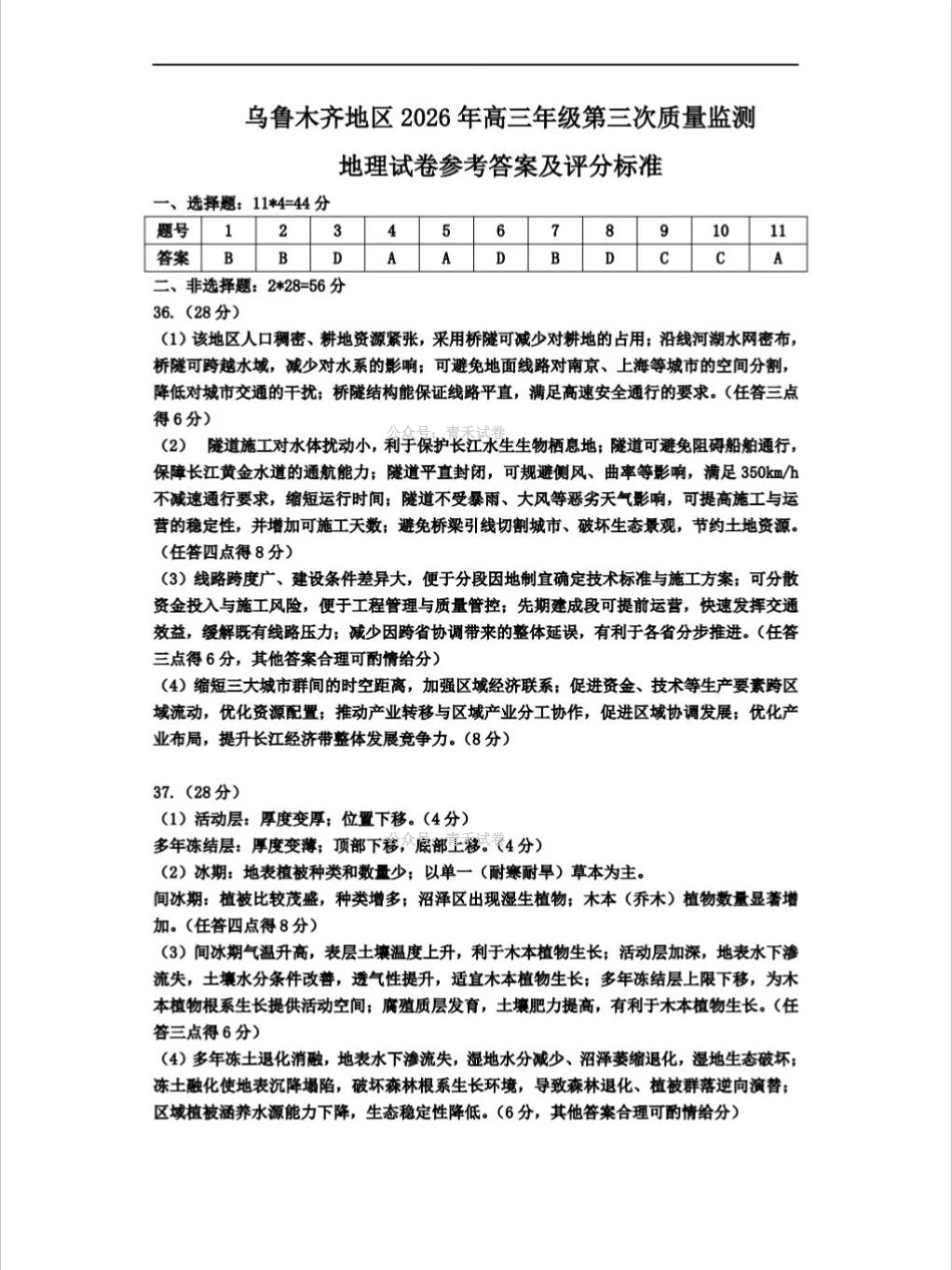 乌鲁木齐地区2026年高三年级第三次质量监测文综答案.pdf_第1页