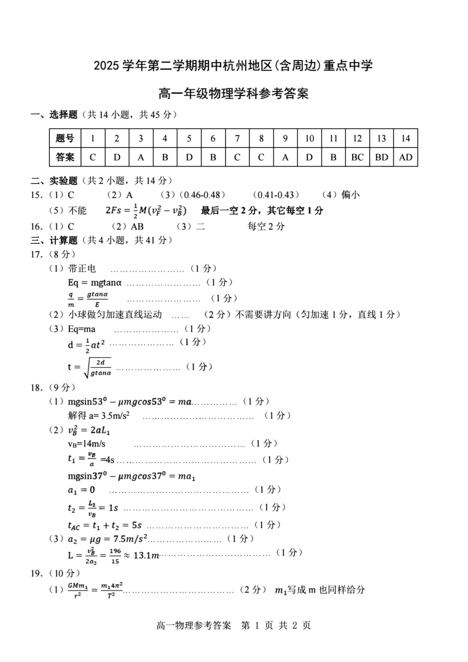物理浙江杭州市2025学年第二学期期中杭州地区(含周边)重点中学高一年级期中考试(4.20-4.22)(1).pdf_第1页