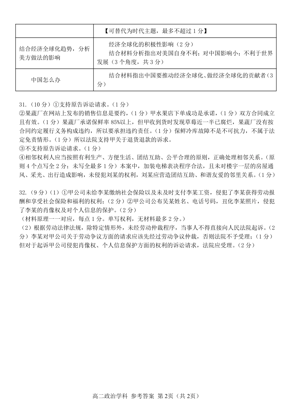 浙江台金七校联盟2024-2025学年高二下学期期中联考政治答案.pdf_第2页