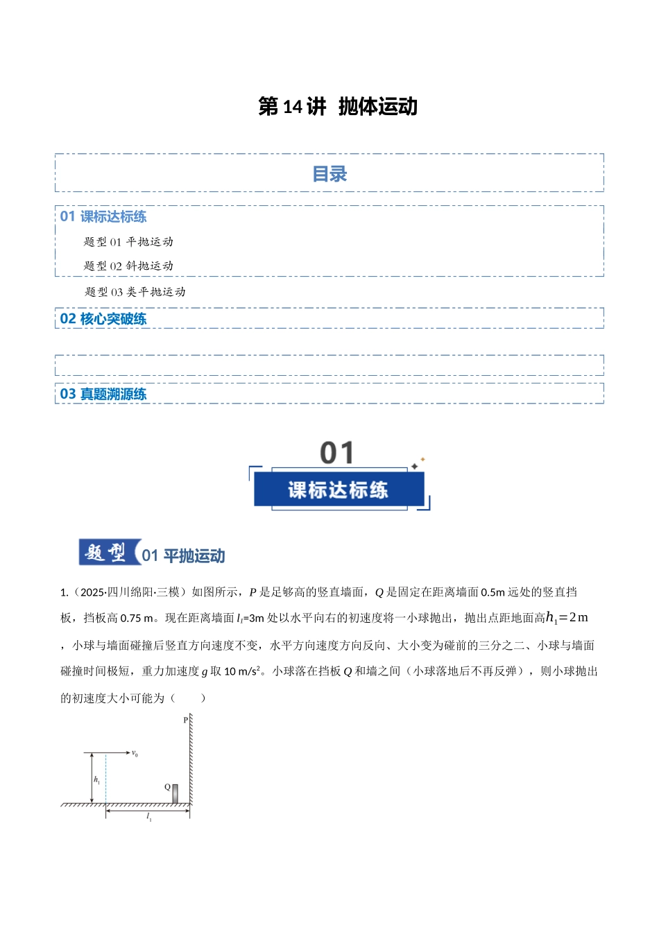 第14讲 抛体运动（专项训练）（四川专用）（学生版）.docx_第1页