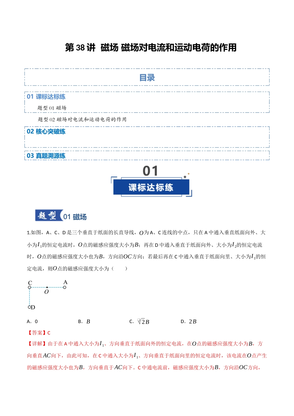 第38讲 磁场 磁场对电流和运动电荷的作用（专项训练）（四川专用）（教师版）.docx_第1页