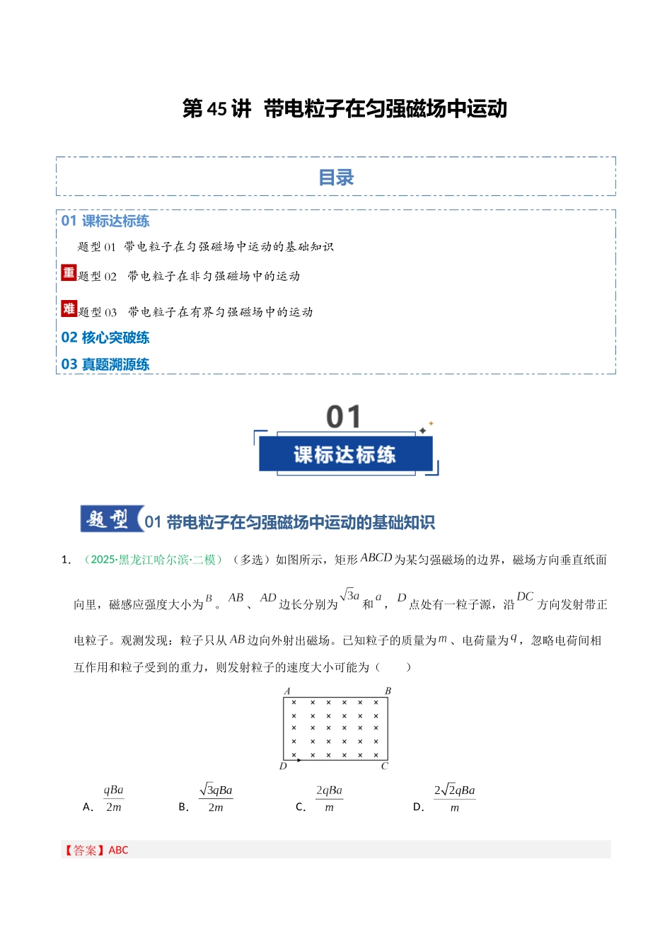 第45讲  带电粒子在匀强磁场中运动（专项训练）（黑吉辽蒙专用）（教师版）.docx_第1页