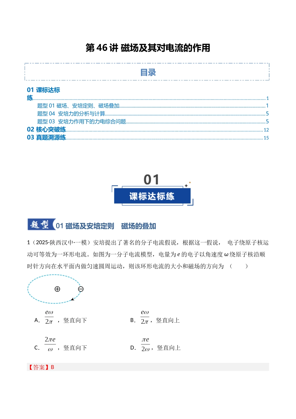 第46讲 磁场及其对电流的作用（专项训练）（湖南专用）（教师版）.docx_第1页