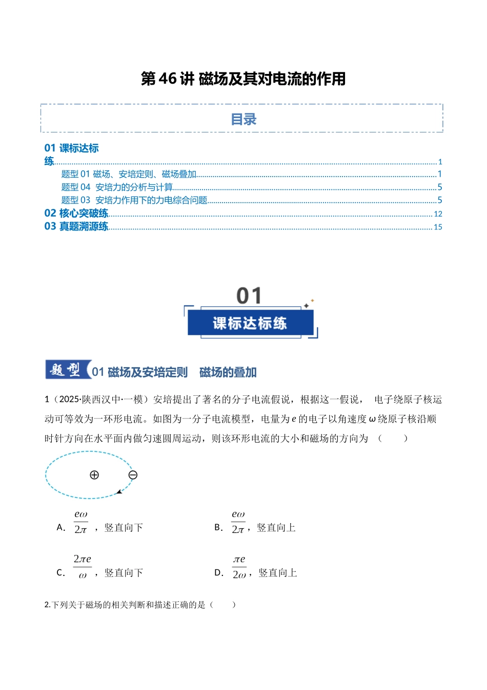 第46讲 磁场及其对电流的作用(专项训练)(湖南专用)(学生版).docx_第1页