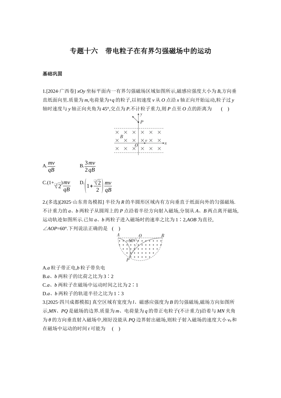 高考物理一轮复习专题练习 专题十六 带电粒子在有界匀强磁场中的运动.docx_第1页