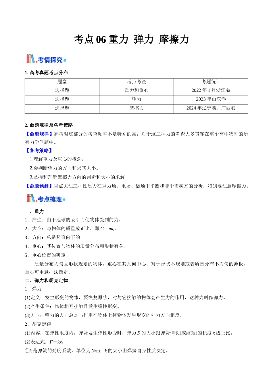 考点06 重力 弹力 摩擦力(核心考点精讲精练)(教师版).docx_第1页