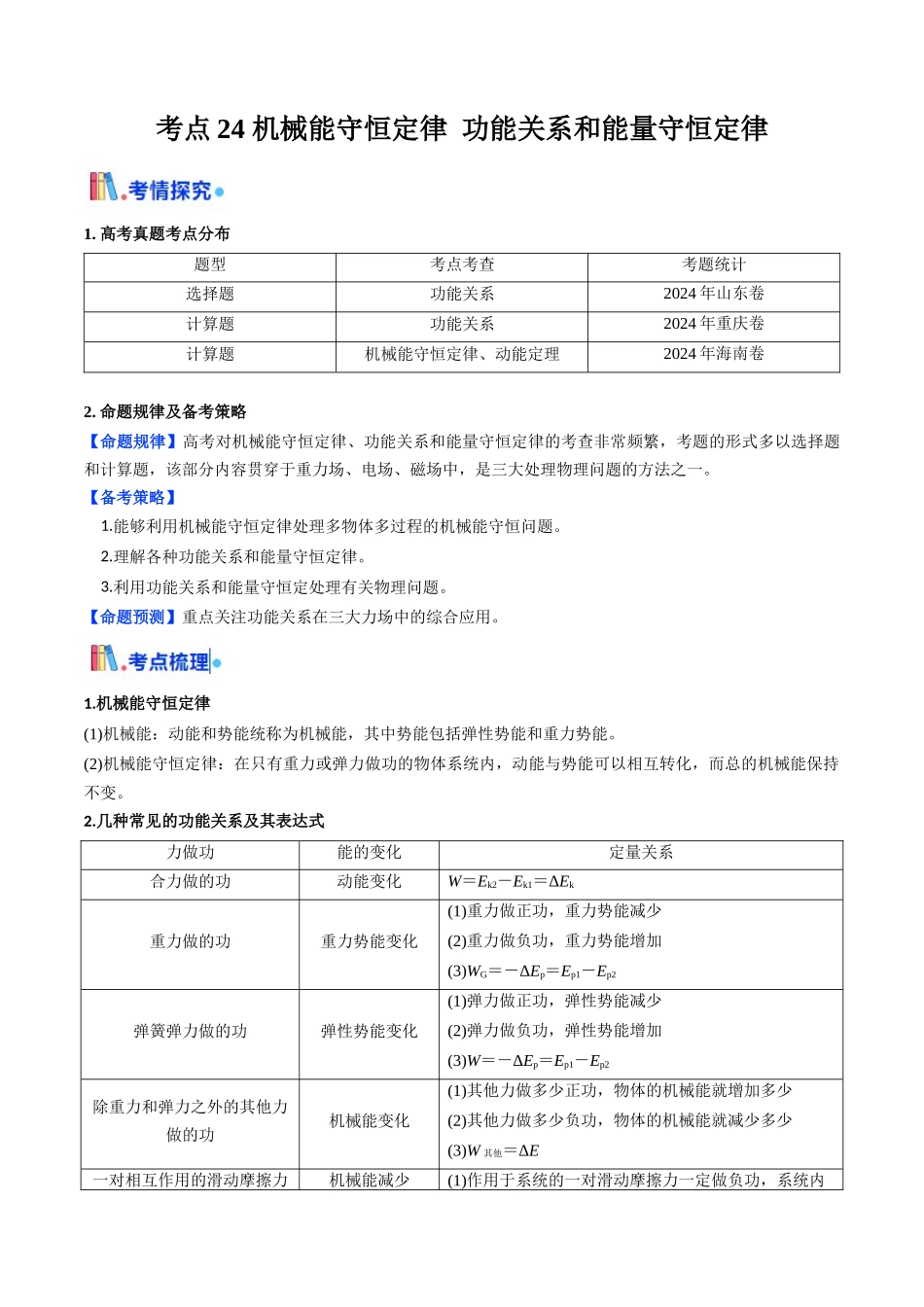 考点24 机械能守恒定律 功能关系和能量守恒定律 (核心考点精讲精练)(学生版).docx_第1页