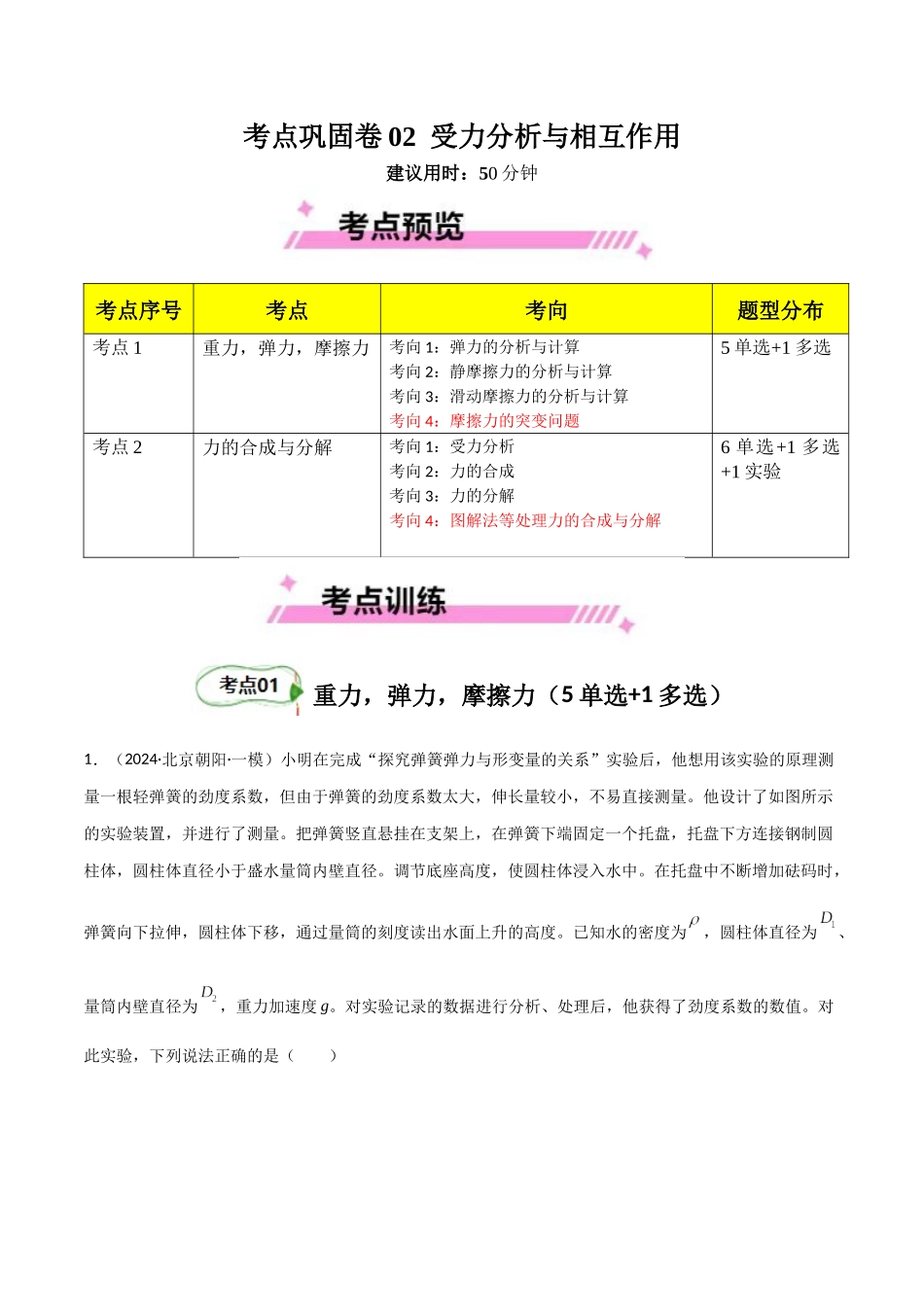 考点巩固卷02 受力分析与相互作用(学生版).docx_第1页