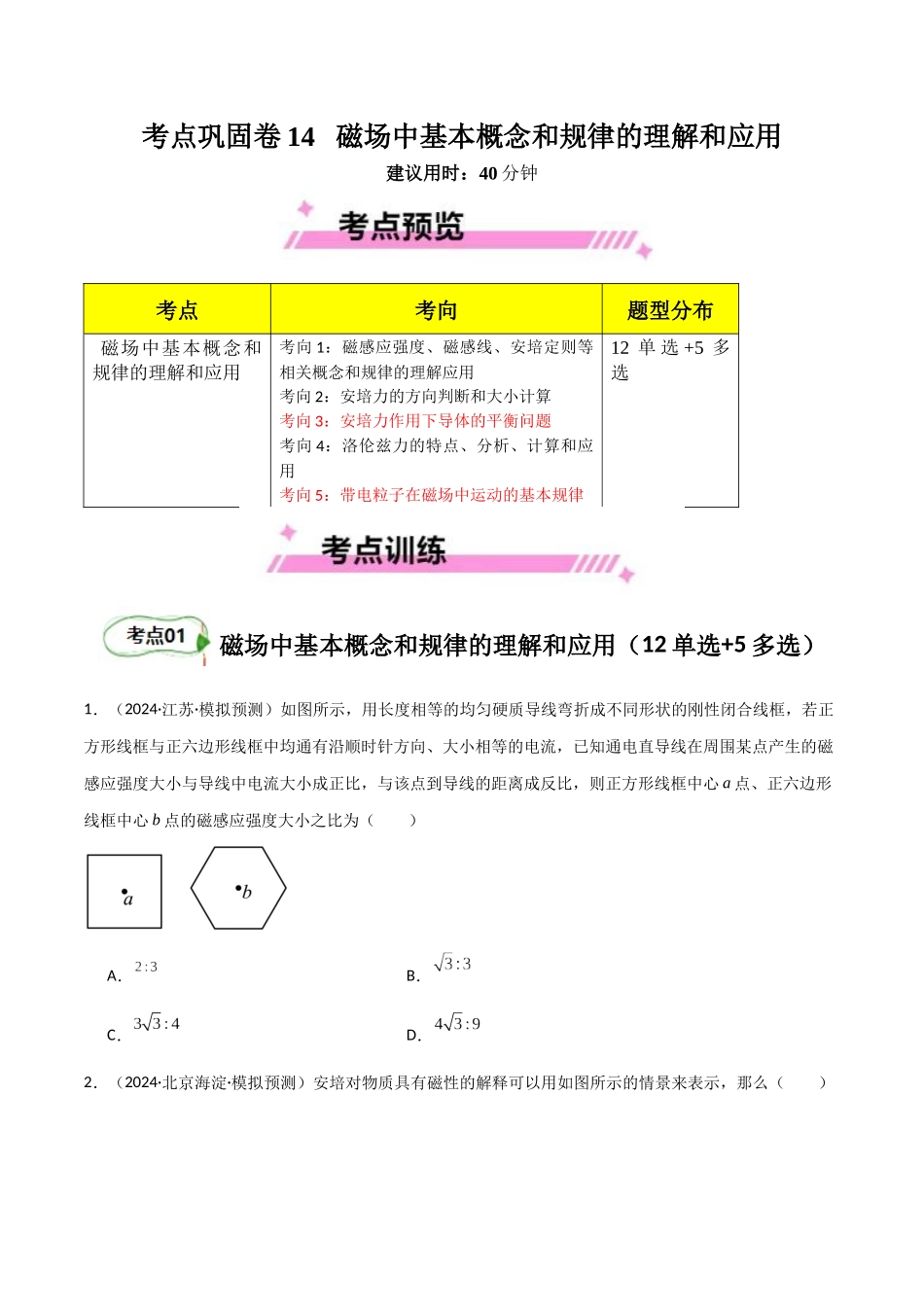 考点巩固卷14 磁场中基本概念和规律的理解和应用（学生版）.docx_第1页