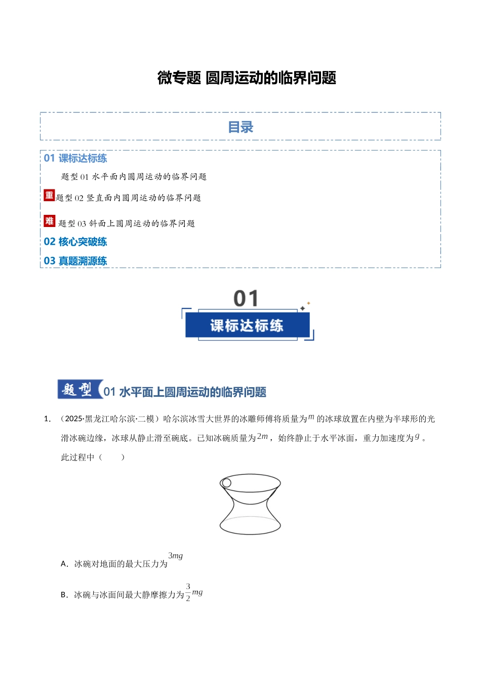 微专题 圆周运动的临界问题（专项训练）（湖南专用）（教师版）.docx_第1页