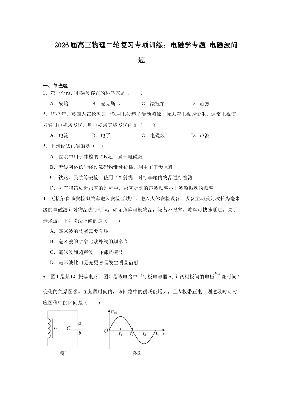 物理二轮复习专项训练：电磁学专题 电磁波问题.docx_第1页