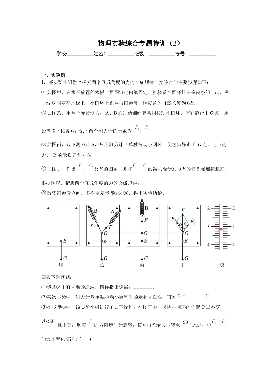 物理实验综合专题特训(2)教师版.docx_第1页