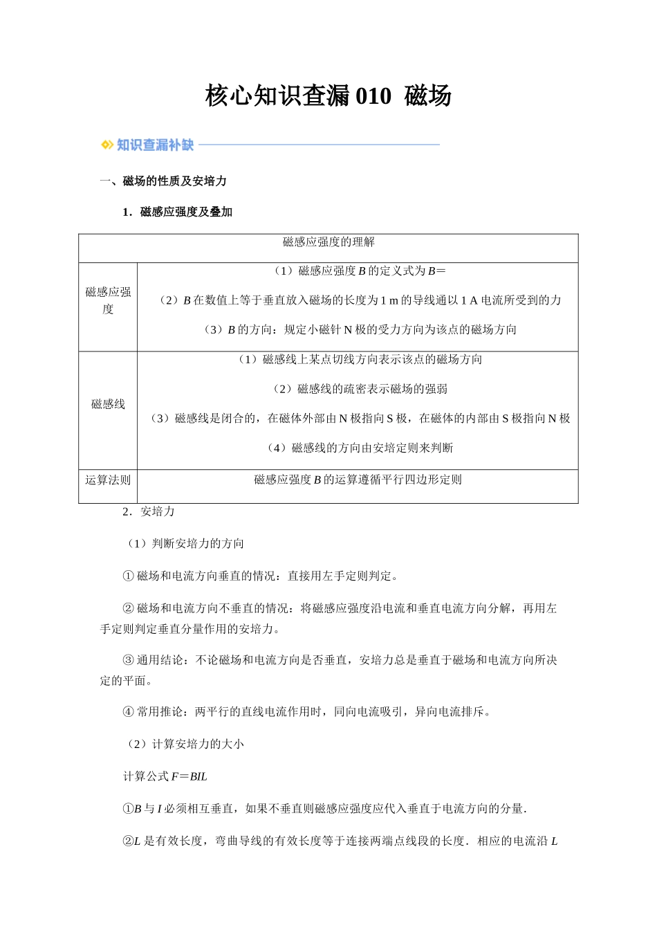 010 磁场-(核心知识查漏)(原卷板).docx_第1页