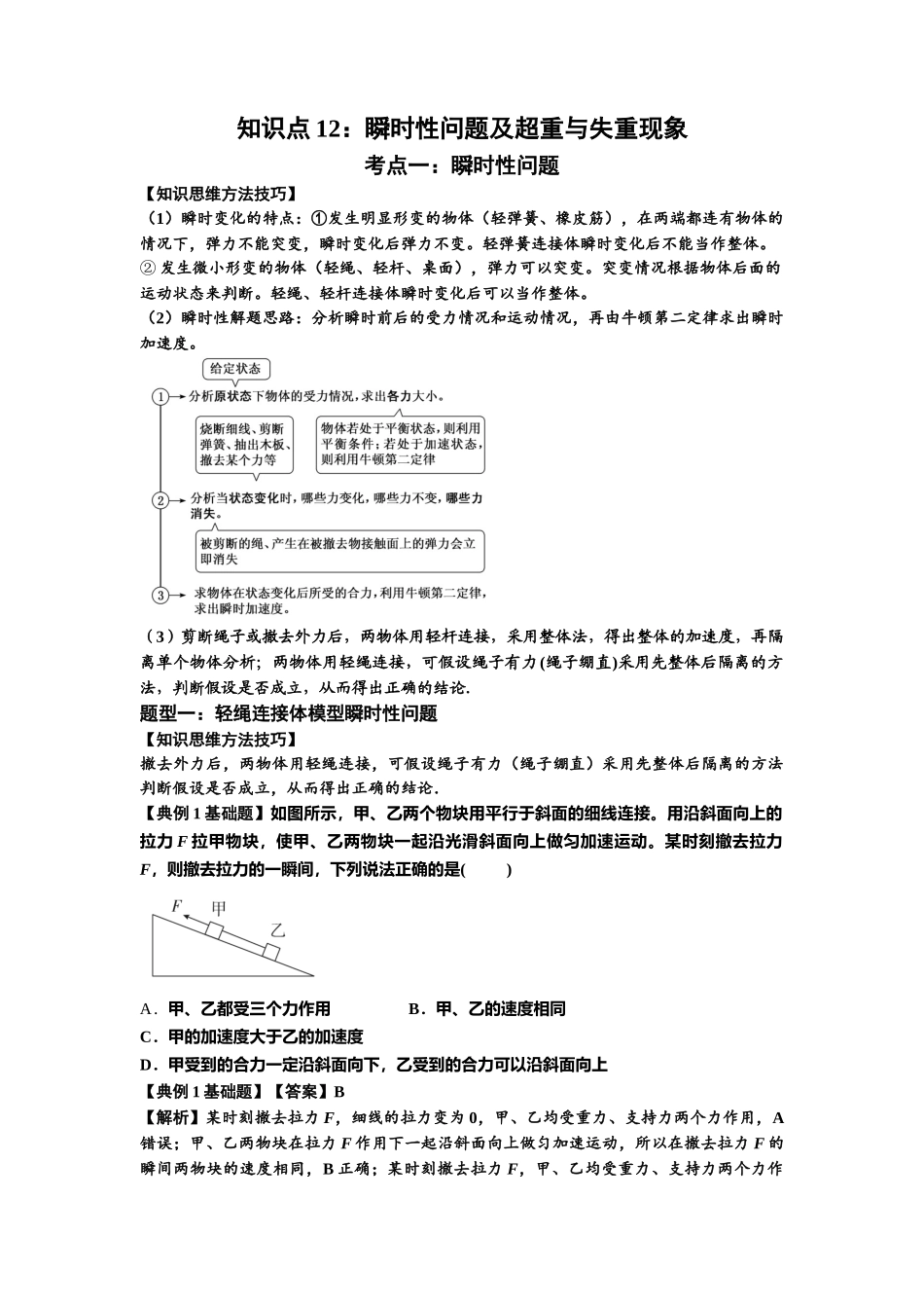 知识点12：瞬时性问题及超重与失重现象（解析版）.docx_第1页