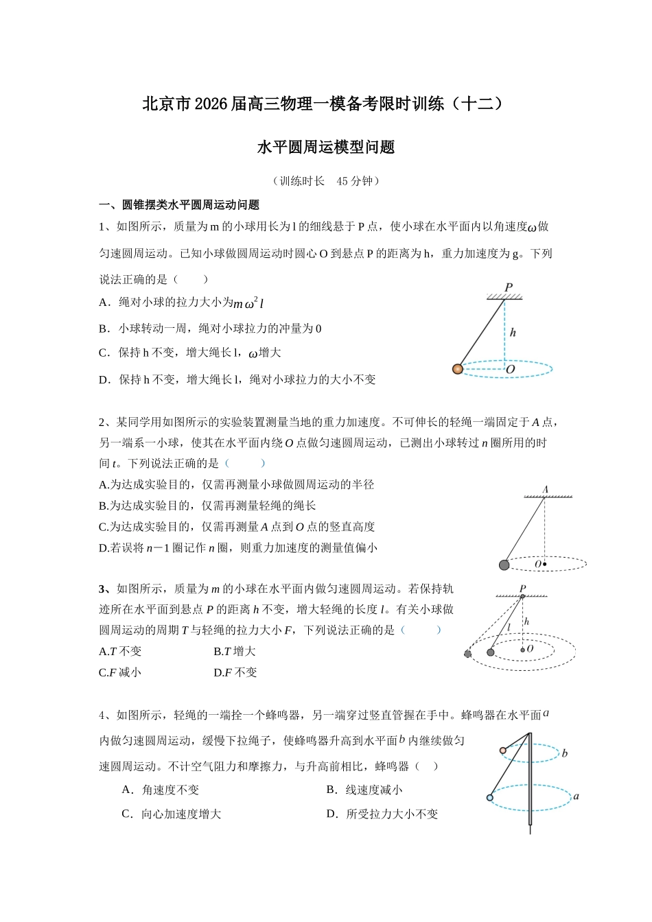 北京市物理一模备考限时训练(十二)水平圆周运动模型问题.docx_第1页
