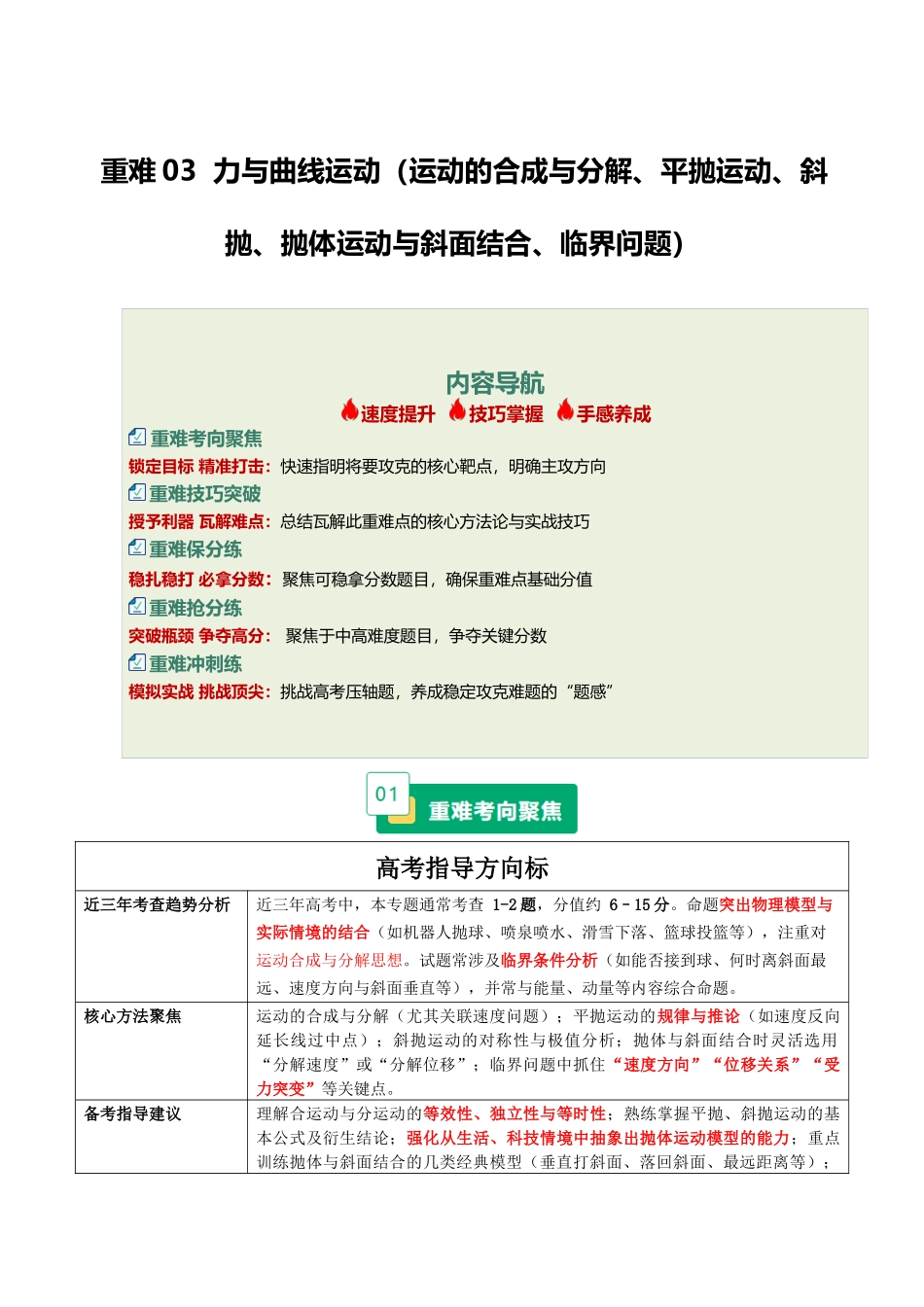 重难03 力与曲线运动（运动的合成与分解、平抛运动、斜抛、抛体运动与斜面结合、临界问题）（重难专练）（全国通用）（学生版） .docx_第1页