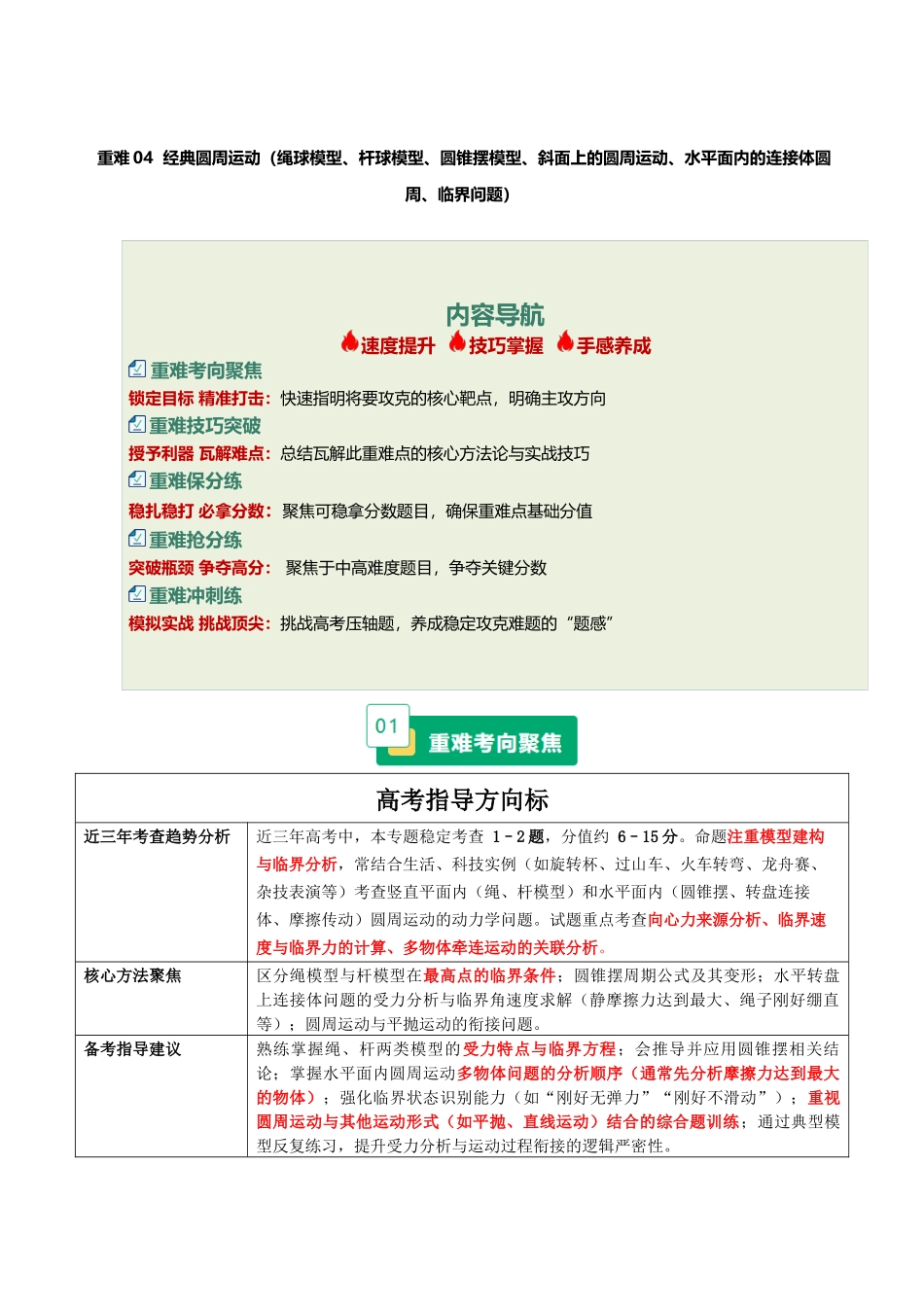 重难04 经典圆周运动（绳球模型、杆球模型、圆锥摆模型、斜面上的圆周运动、水平面内的连接体圆周、临界问题）（重难专练）（全国通用）（教师版）(1).docx_第1页