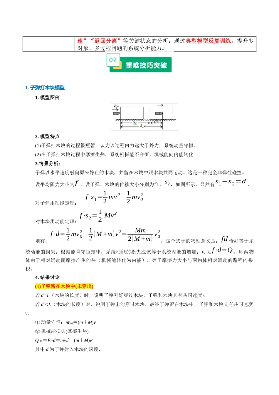 重难08 类碰撞经典模型（子弹打木块、滑块弹簧、滑块木板、人船模型、斜面滑块、曲面滑块等）（重难专练）（全国通用）（教师版）.docx_第2页
