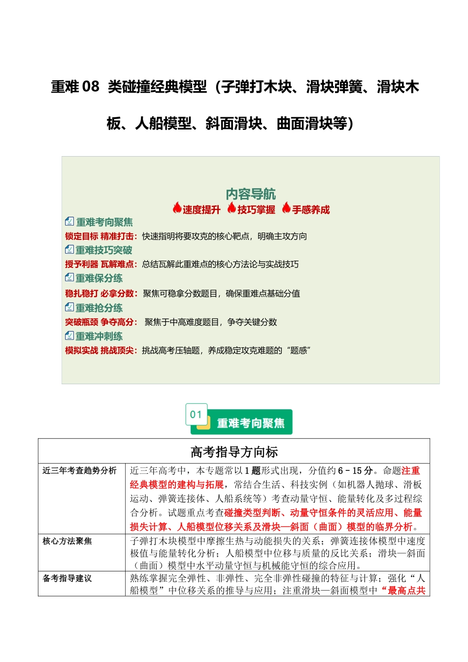重难08 类碰撞经典模型(子弹打木块、滑块弹簧、滑块木板、人船模型、斜面滑块、曲面滑块等)(重难专练)(全国通用)(学生版).docx_第1页