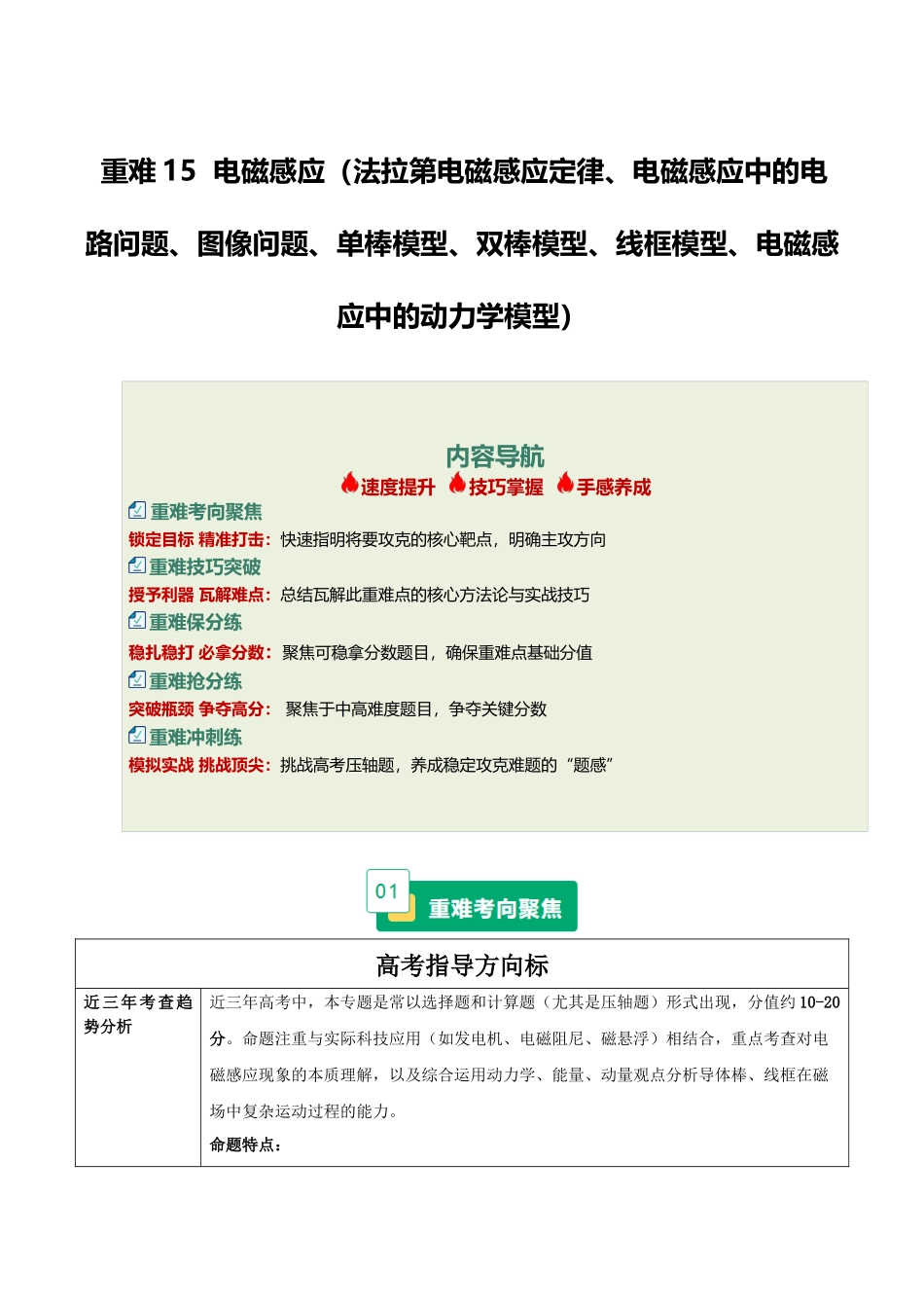 重难15 电磁感应(法拉第电磁感应定律、电磁感应中的电路问题、图像问题、单棒模型、双棒模型、线框模型、电磁感应中的动力学模型)(重难专练)(全国通用)(教师版).docx_第1页