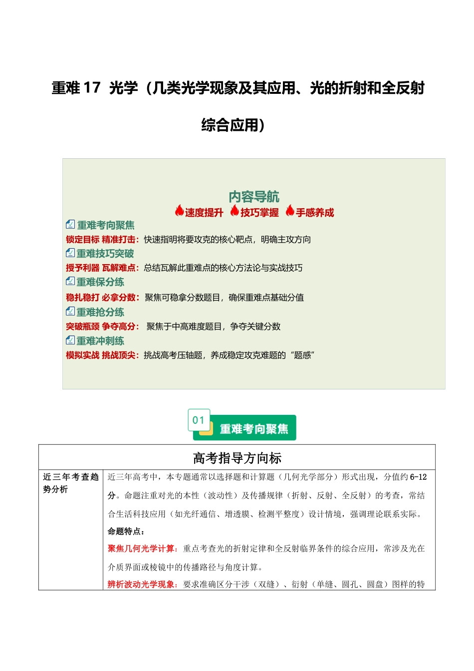 重难17 光学（几类光学现象及其应用、光的折射和全反射综合应用）（重难专练）（全国通用）（学生版）.docx_第1页