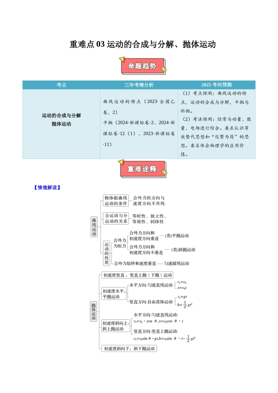 重难点03 运动的合成与分解、抛体运动（原卷版）.docx_第1页