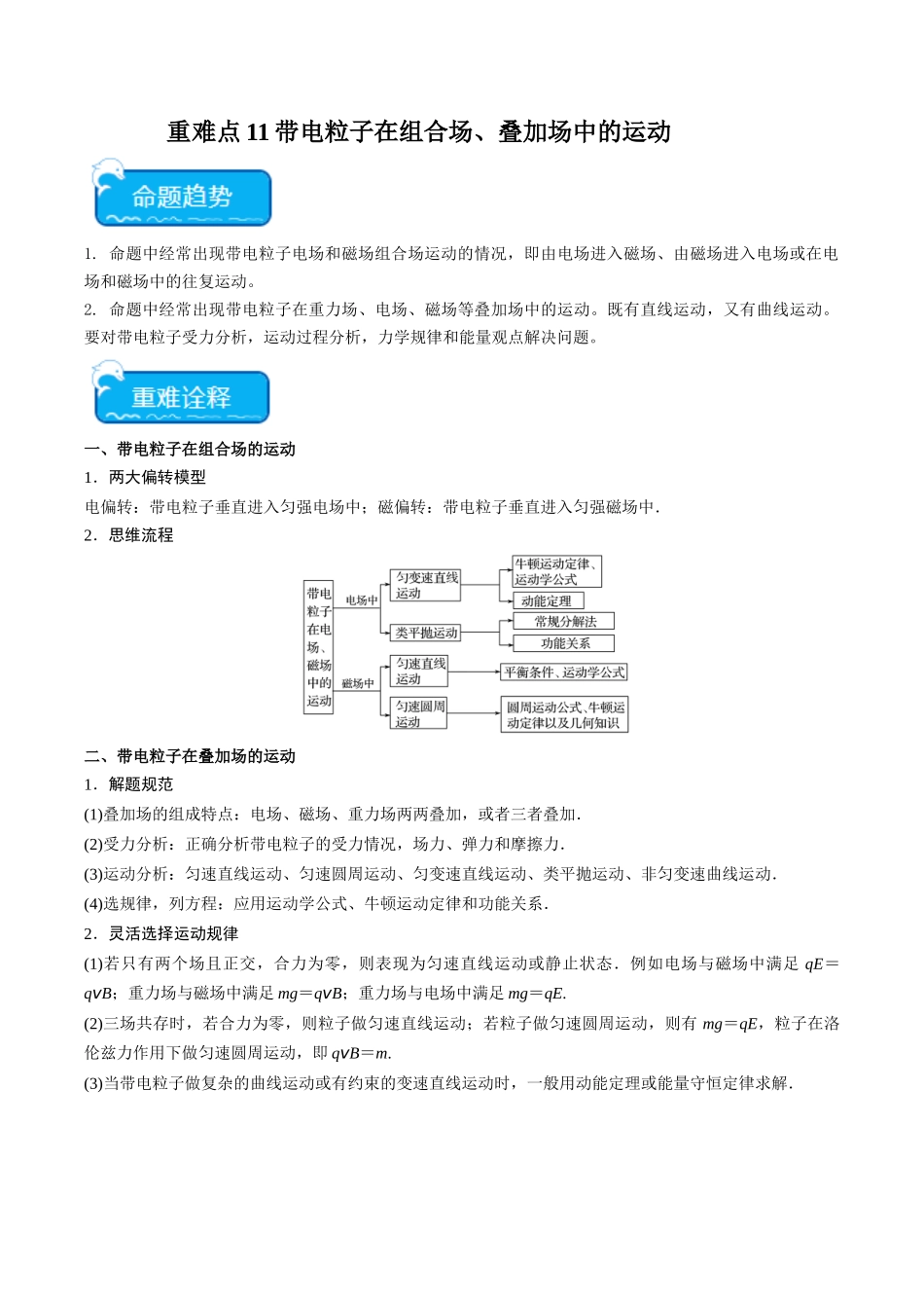 重难点11  带电粒子在组合场、叠加场中的运动（学生版）.docx_第1页