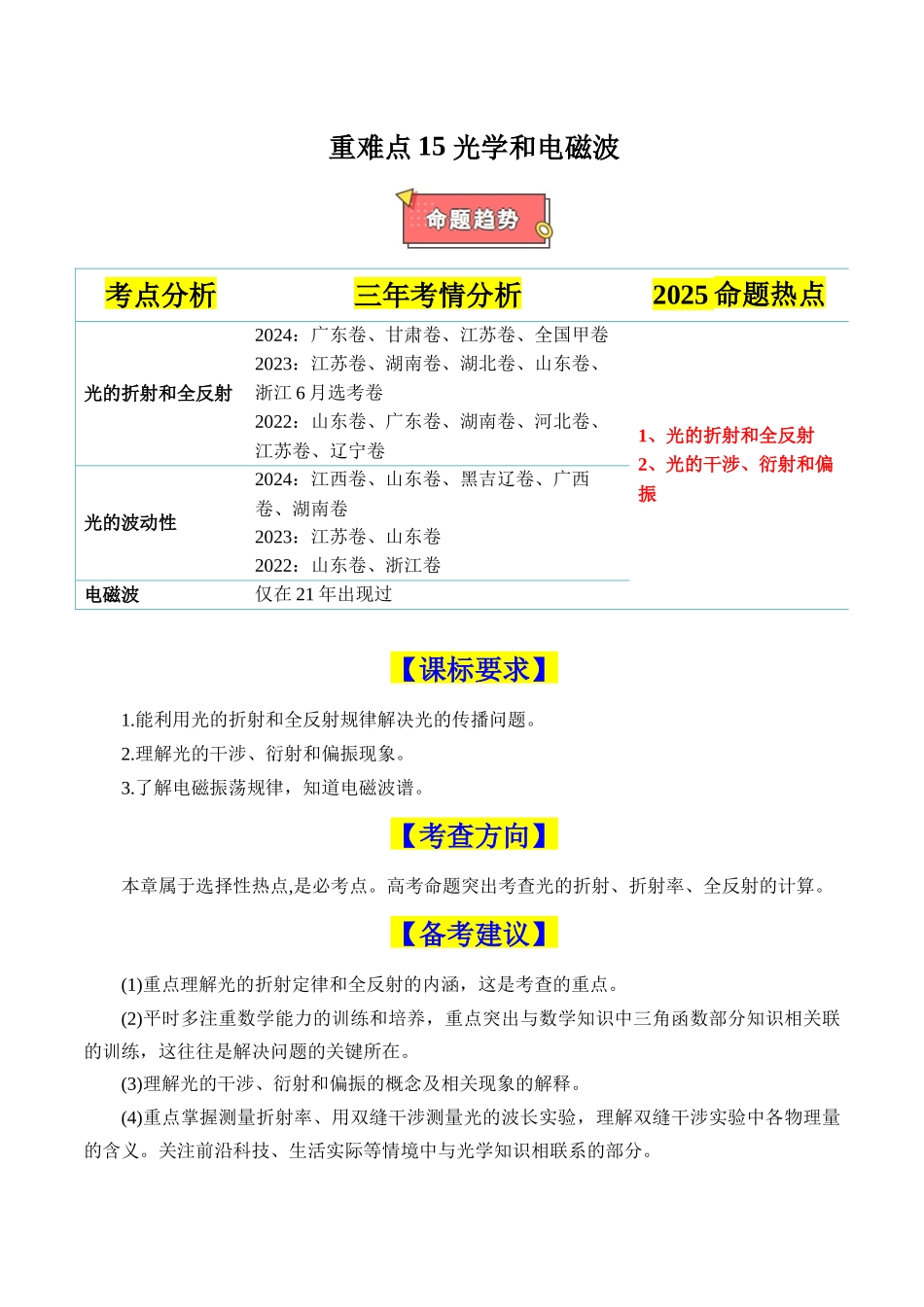 重难点15 光学和电磁波(解析版).docx_第1页